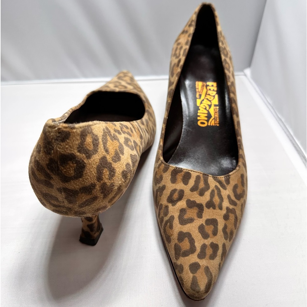 Salvatore Ferragamo Deserto Leopard Brown Suede Heel Pumps Made In Italy Sz 8.5